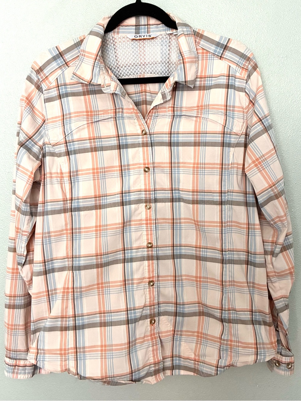 Orvis Plaid Button Up Shirt Women’s L Peach Blue Outdoor Flannel